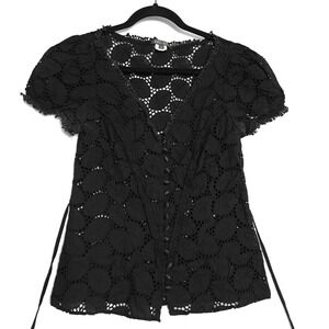 1060 Sherman Eyelet Lace Blouse S Black Leaf Embroidered Boho Button Top